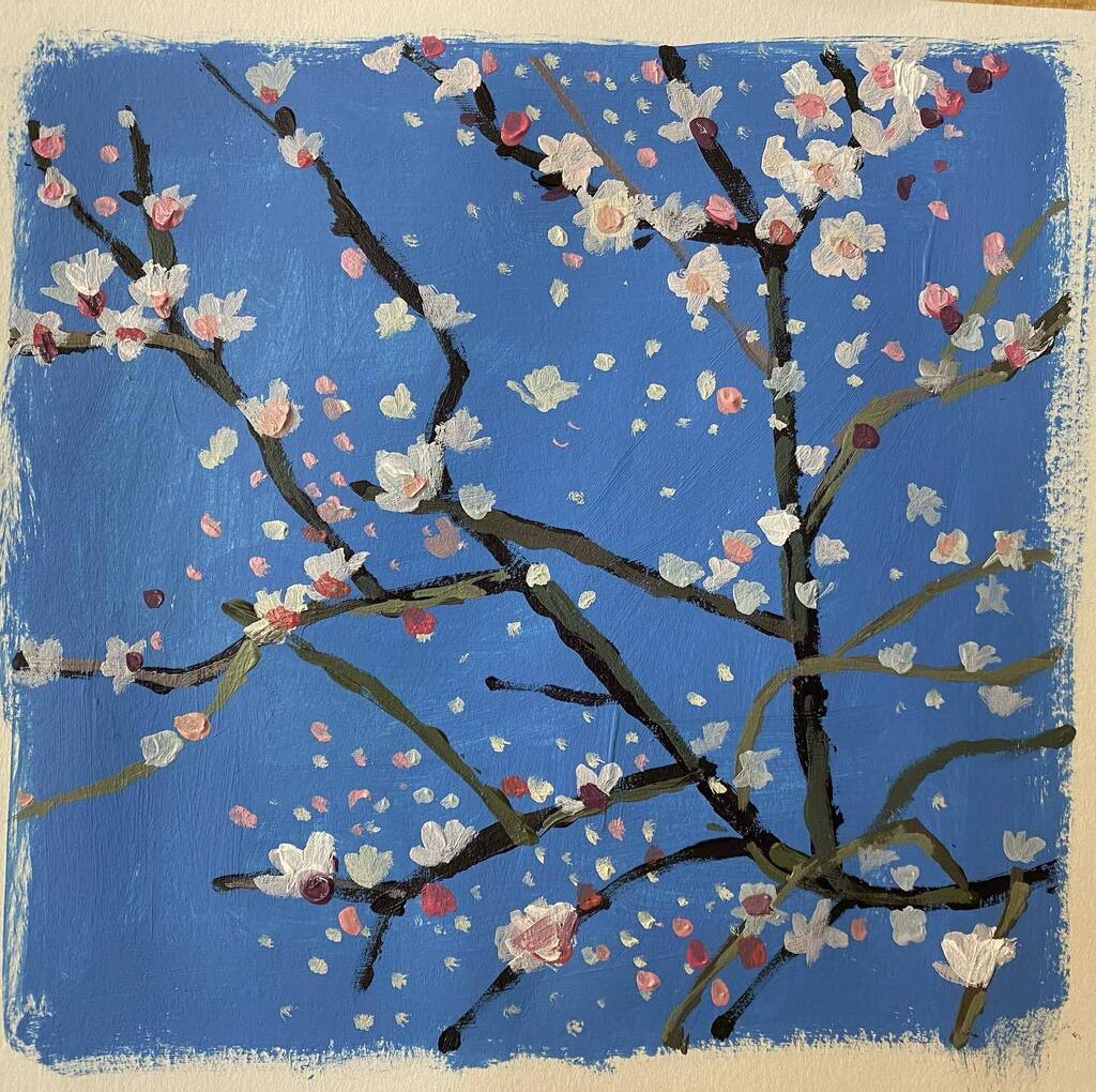 Small study of blossom 
Acrylic on cartridge paper 
15cm x 15cm

#charlottehardypainting #blossom #drawingwithpaint #pattern #colour #springflowers 
@clockworkstudiosse5 instagr.am/p/Cp43OAyo-L9/