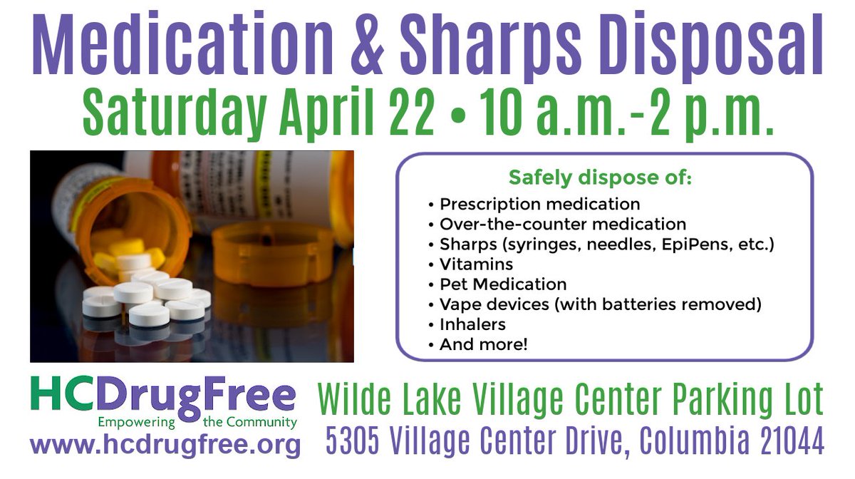 HCdrugfree's tweet photo. HC DrugFree's convenient drive-thru Medication & Sharps disposal event is coming back on Saturday April 22 from 10am - 2pm. Learn more or sign up to volunteer: https://t.co/juBSV1ppgm #drugtakeback #hocomd #howardcountymd #medicationsafety #medicationstorage #medicationdisposal https://t.co/HIbxH0qjp6