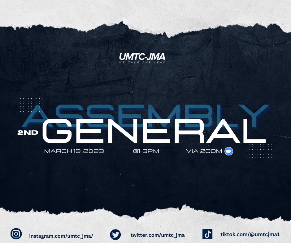 umtc_jma's tweet photo. 𝐀𝐍𝐍𝐎𝐔𝐍𝐂𝐄𝐌𝐄𝐍𝐓!
𝐖𝐇𝐀𝐓: 2nd General Assembly
𝐖𝐇𝐄𝐍: March 19, 2023 - SUNDAY (1:00 PM- 3:00 PM)
𝐖𝐇𝐄𝐑𝐄: Via Zoom Meeting
Hello Marketistas!
We encourage all Marketing Management students to join our General Assembly. https://t.co/Zjh7ZZyC7e