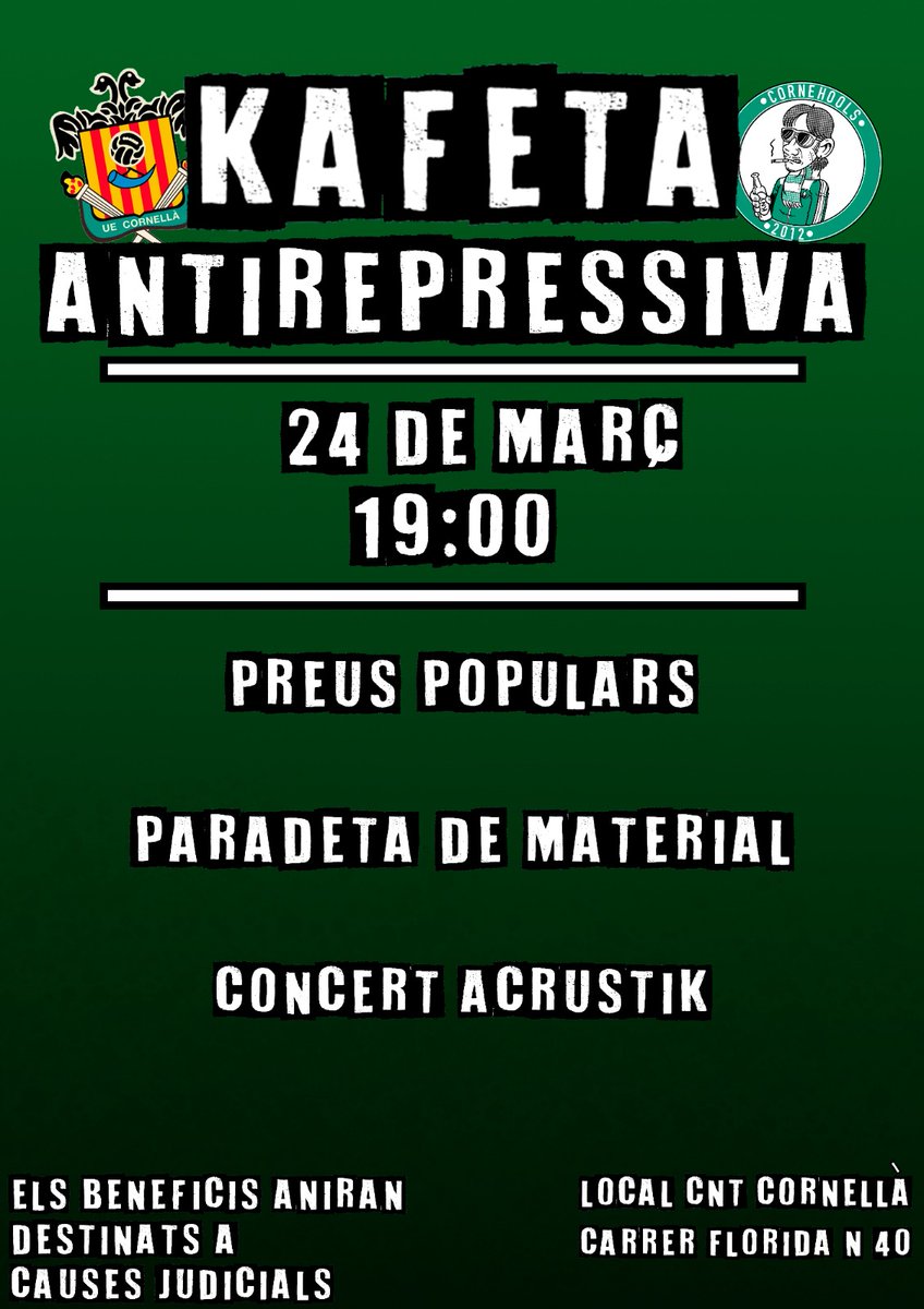 ultrascornella's tweet photo. Kafeta Antirepressiva.

Seguim amb la nostra campanya lluitant contra la repressió i el futbol modern.
Aquesta vegada tindrem concert, material del grup, pica-pica i com sempre, preus populars.

La vostra repressió mai acabarà amb la nostra passió! https://t.co/i5BmYY7JoE