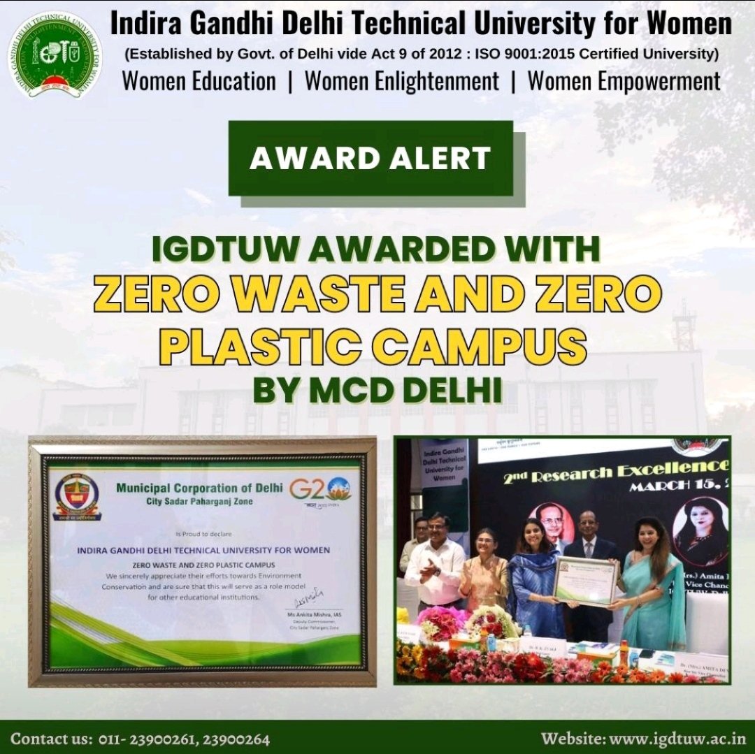 csd_igdtuw's tweet photo. #AwardAlert : IGDTUW has been awarded with zero waste &amp; zero plastic campus by MCD Delhi today. Congratulations to all IGDTUWians. We rock!
#UnBeatableIGDTUWians #igdtuwrocks #igdtuw #ShareWithPride #educationforall #BetiBachaoBetiPadhao https://t.co/X0a3Bf9jTg