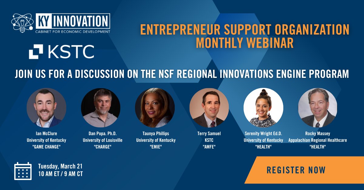 Join us NEXT WEEK for @kstc_ky and KY Innovation's March ESO Webinar covering The NSF Regional Innovations Engines Program. March 21st @ 10 AM EST / 9 AM CT via Zoom Also don't miss updates from Monica Bilak, Executive Director @GroWestKY Register Here: ow.ly/ARGJ50NkEZB