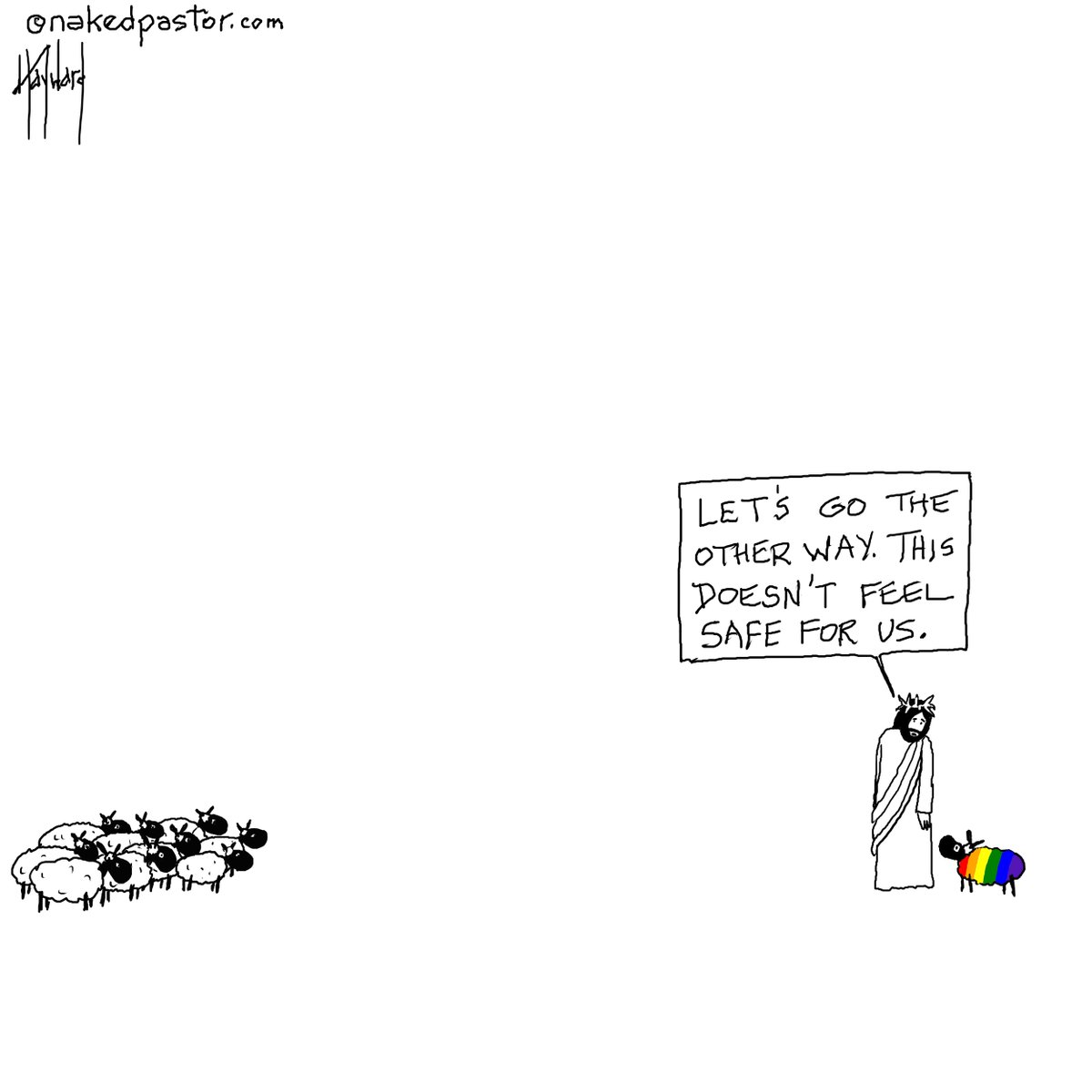 Pretty bad when Jesus doesn't even feel safe!

There are stories in the gospels where Jesus slips away from a threatening crowd.

Totally legit!

I love this cartoon because it I think it accurately illustrates that love means empathy. Solidarity. Justice.

Safety matters.