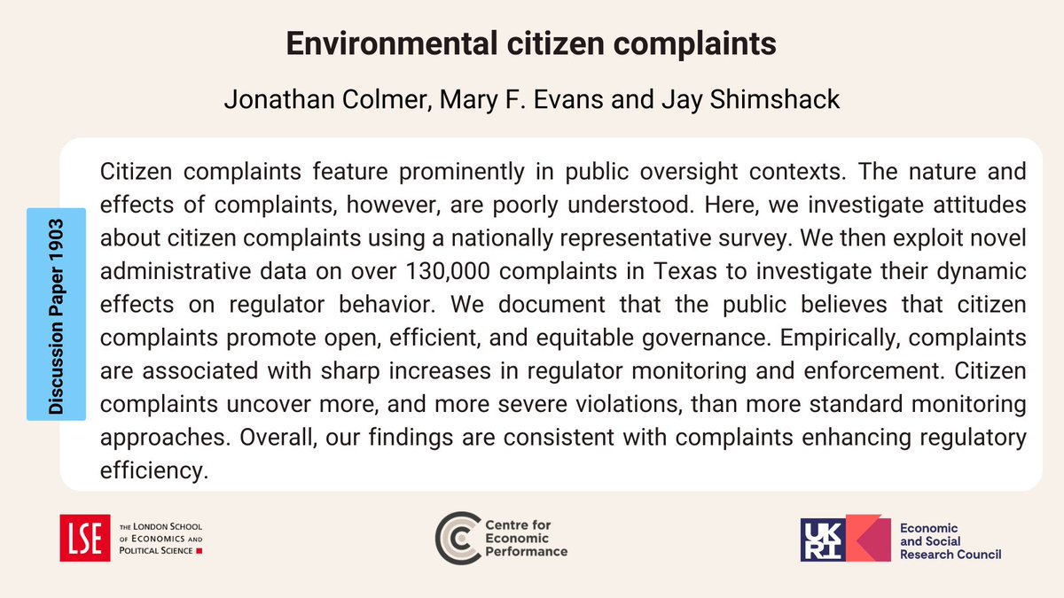 Centre for Economic Performance (@cep_lse) on Twitter photo New paper by <a href="/JonathanColmer/">Jonathan Colmer</a> @mfranevans & <a href="/jayshimshack/">Jay Shimshack</a> on environmental citizen complaints.
Read: ow.ly/KuYn50Nj3oG New paper by <a href="/JonathanColmer/">Jonathan Colmer</a> @mfranevans & <a href="/jayshimshack/">Jay Shimshack</a> on environmental citizen complaints.
Read: ow.ly/KuYn50Nj3oG