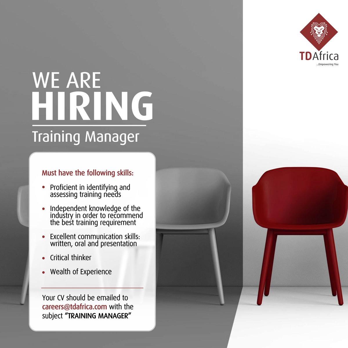 Td_africa1's tweet photo. Experienced Training Manager to drive learning and development of staff. Interested applicants should send CVs to careers@tdafrica.com with the subject 'TRAINING MANAGER'. https://t.co/PcIie50C1j