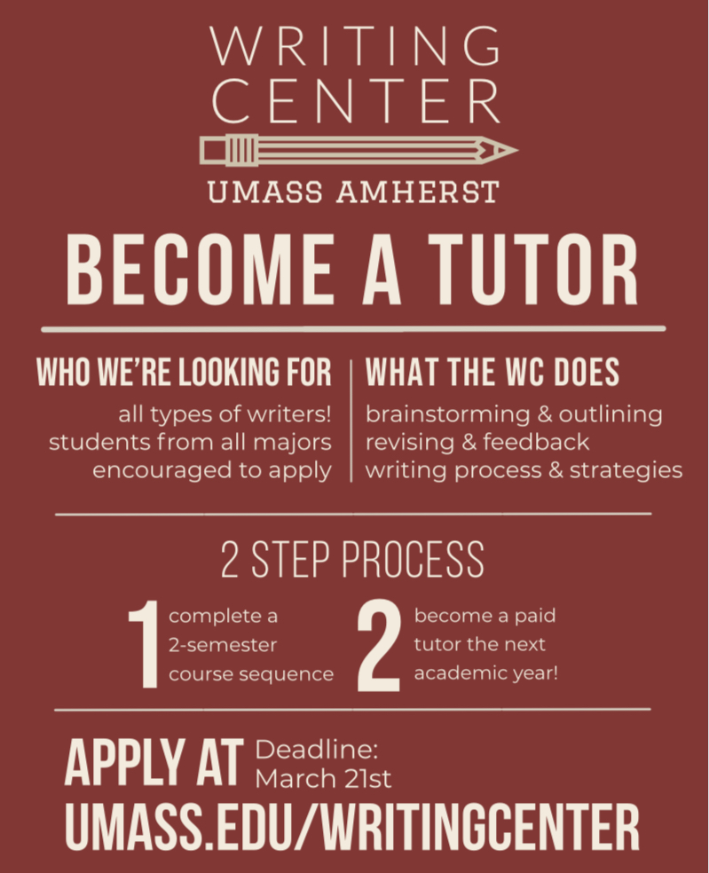 UMassWC's tweet photo. Dear UMass Writers,

Posting again since the deadline is coming up when break ends! For more information on how to apply, visit https://t.co/5U4i0TUb1D. https://t.co/6v9mrOD2jM
