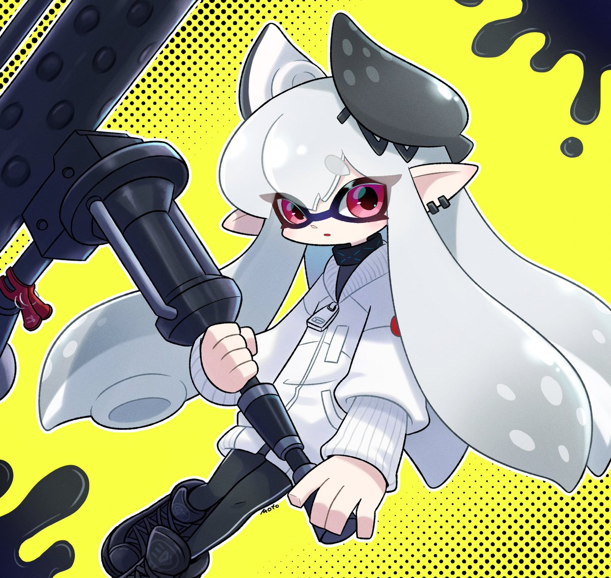 inkling ,inkling girl 1girl solo pointy ears tentacle hair long hair holding weapon  illustration images