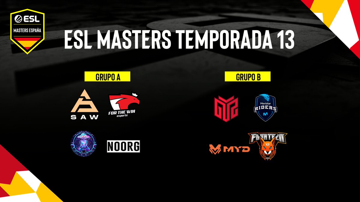 ESL España (@eslspain) on Twitter photo Aaaah MUCHO HYPE 👀🔥
#ESLMastersCS Temporada 1⃣3⃣
GRUPO 🅰
🔥 <a href="/sawggofficial/">SAW</a>
🔥 <a href="/ftwesports/">FTW | For The Win Esports</a>
🔥 <a href="/n00rgCS/">n00rg</a>
🔥 #TraNceVibeS
GRUPO 🅱
🔥 <a href="/GTZEsports/">GTZ Esports</a>
🔥 <a href="/Movistar_Riders/">Síguenos en @MovistarKOI</a>
🔥 <a href="/teamMYD/">MYD</a>
🔥 <a href="/fourteenesports/">Pedro Lopes</a> Aaaah MUCHO HYPE 👀🔥
#ESLMastersCS Temporada 1⃣3⃣
GRUPO 🅰
🔥 <a href="/sawggofficial/">SAW</a>
🔥 <a href="/ftwesports/">FTW | For The Win Esports</a>
🔥 <a href="/n00rgCS/">n00rg</a>
🔥 #TraNceVibeS
GRUPO 🅱
🔥 <a href="/GTZEsports/">GTZ Esports</a>
🔥 <a href="/Movistar_Riders/">Síguenos en @MovistarKOI</a>
🔥 <a href="/teamMYD/">MYD</a>
🔥 <a href="/fourteenesports/">Pedro Lopes</a>