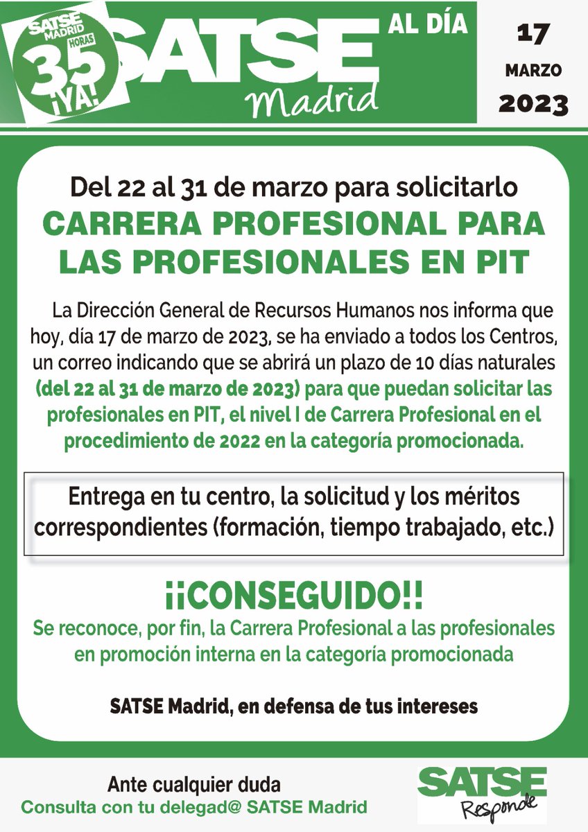SATSE_Madrid's tweet photo. 🙌 ¡¡CONSEGUIDO!! 🙌
Se reconoce la Carrera Profesional a profesionales en PIT.
Tienes del 22 al 31 de marzo para solicitar el nivel I entregando en tu centro la solicitud y méritos referidos a la categoría promocionada. https://t.co/GjhJmf166A