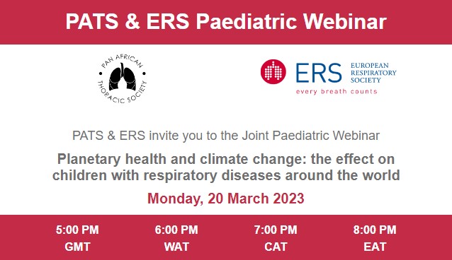 Join us Monday 20 March for a joint webinar with @EuroRespSoc on 'Planetary health and climate change: effect on children with respiratory diseases'. Panel: Dr Rahel Argaw 🇪🇹; Prof Erik Melén 🇸🇪; Dr Asma El Sony 🇸🇩; Dr Erol Gaillard 🇬🇧. Info at: panafricanthoracic.org/about-us/news/…