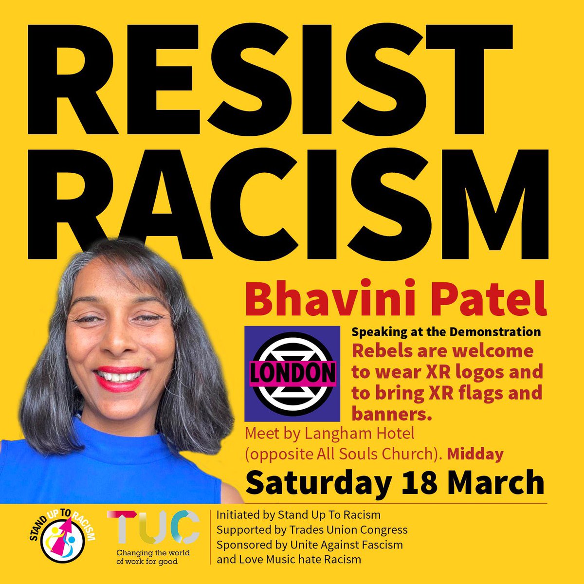 I’m honoured to be speaking at Stand Up to Racism event, Resist Racism. Please join me, united we are stronger and more powerful. Let’s reclaim our power together.  💕✊🏽🙏🏽 #ResistRacism #ExtinctionRebellion #ClimateJustice 
@XRLondon @XRebellionUK @ExtinctionR @AntiRacismDay