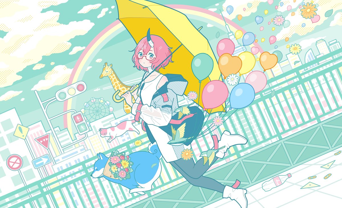 1girl pink hair balloon umbrella cloud horns solo  illustration images