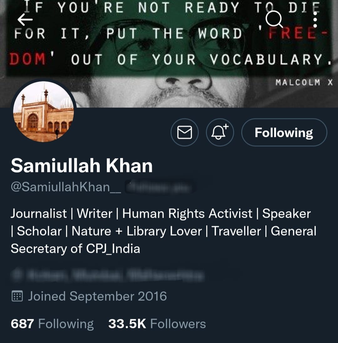 NasimKhan_'s tweet photo. Poor joke of Free Speech! @elonmusk
very famous journalist of Urdu Domain, scholar and fearless Human Rights activist @SamiullahKhan__ suspended by @TwitterIndia! Bcz of exposing Hindutva Fascism,
@zoo_bear @RanaAyyub @alishan_jafri @ashoswai @Aakar__Patel #RestoreSamiullahKhan https://t.co/zItpQDk7NH