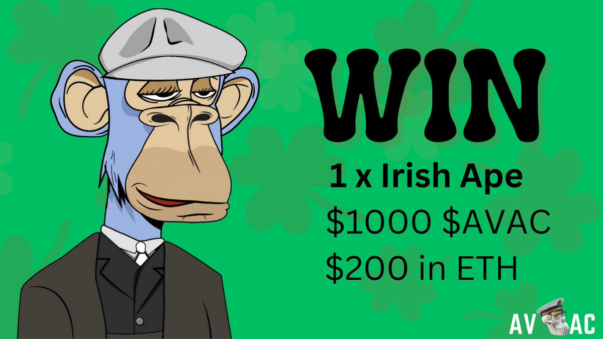 AVAC_NFT's tweet photo. Happy St. Patrick's Day! 🍀

Who’s feeling lucky? 

☘️RT &amp; Like
🍀Tag 3 Friends
☘️Open a ticket on our Discord and say ‘Happy St Patrick’s Day’  https://t.co/sQeik0FCbX

One winner picked by the end of today.

Prize: 

1x AVAC Irish NFT
1000 in $AVAC 
$200 in ETH

Good Luck! ☘️ https://t.co/8sDbjvhMLl