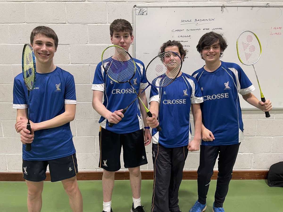 CrosseHouse's tweet photo. Boss of Crosse this week are the Junior Badminton team of Will, Thomas, Eddie, Jacob &amp; Wilf who won the Junior section of a hotly contested tournament! Tom, Seb, Marthinus &amp; Seth helped us to 3rd place overall! 👏 🏸👏🏸💙🤍🏸 https://t.co/dzkI7a9jYZ