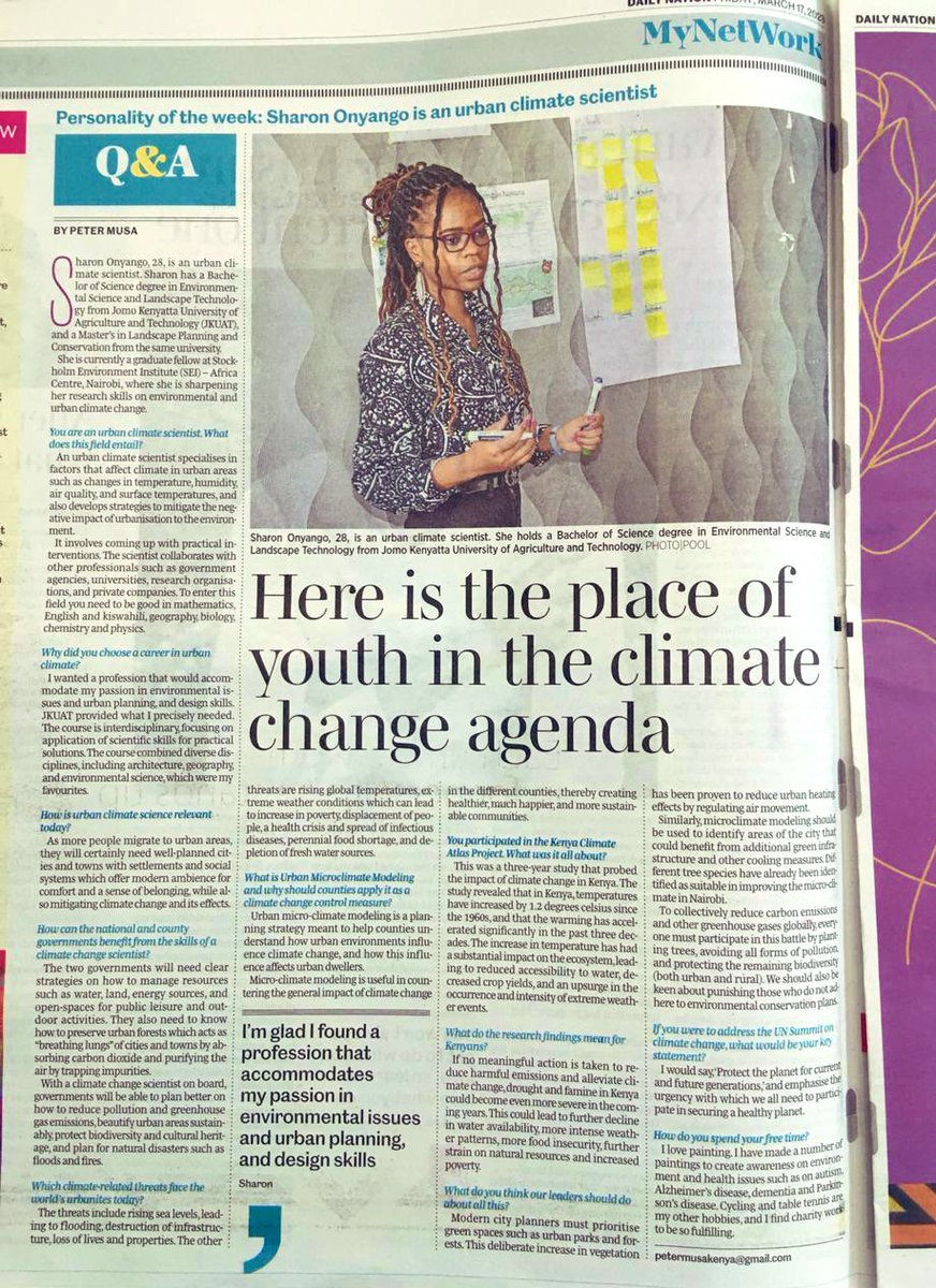 sherrieonyango's tweet image. Young people need to take #ClimateAction & raise their voices in averting #ClimateCrisis & #CodeRedForHumanity in hope to turn things around
Here’s my feature on today’s @NationAfrica by Peter Musa: nation.africa/kenya/life-and…
Grateful to @SEIresearch @Lawrencenzuve @DiscoverJKUAT