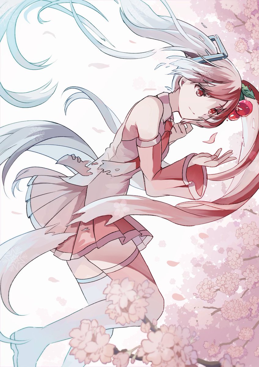 hatsune miku ,sakura miku 1girl solo long hair cherry blossoms skirt twintails detached sleeves  illustration images