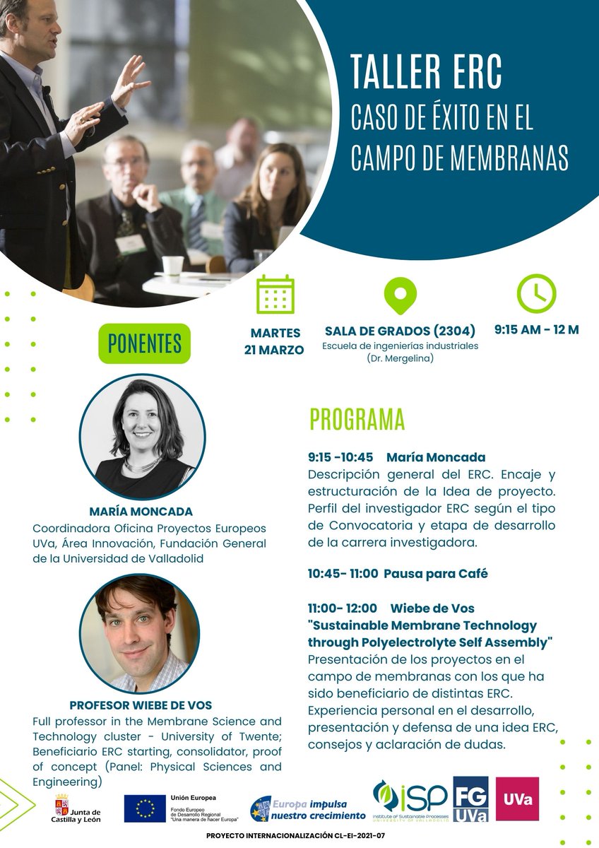 Join us in this workshop and get to know more about how to apply and prepare for the ERC grants. 
Also, you will be able learn about the research of the Professor Wiebe de Vos, expert in the field of membranes and beneficiary of three ERC grants.🤓💻

#ISP #ERC #Membranes