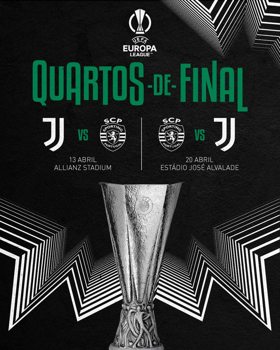 O #SportingCP vai defrontar a <a href="/juventusfc/">JuventusFC</a> nos 𝐪𝐮𝐚𝐫𝐭𝐨𝐬-𝐝𝐞-𝐟𝐢𝐧𝐚𝐥 da <a href="/EuropaLeague/">UEFA Europa League</a> 💪 

🗓️ 13 e 20 de Abril 
#UEL #UELdraw