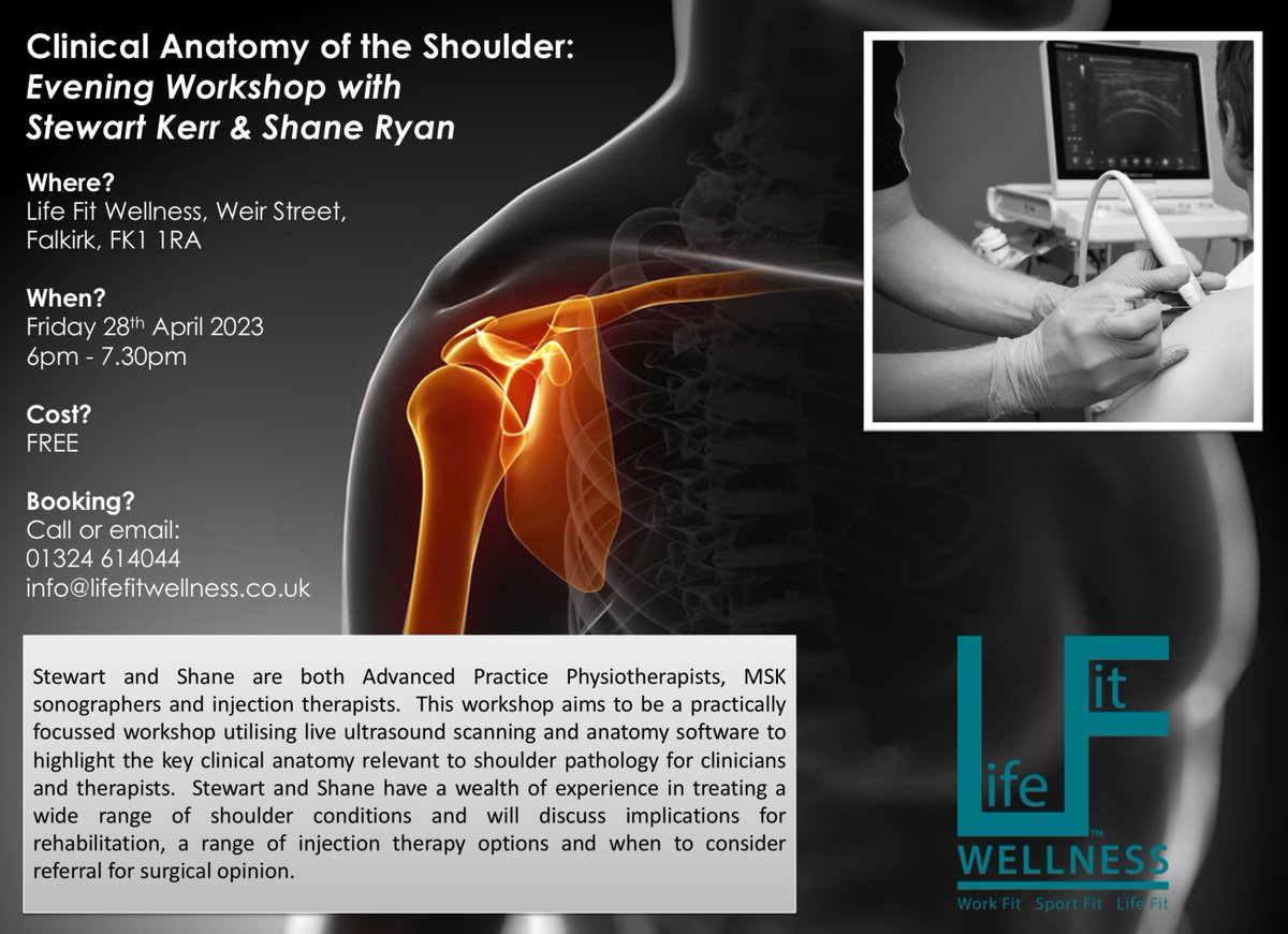 LifeFitWellness's tweet photo. 💥Upcoming free CPD workshop with our in-house Advanced Practice Physiotherapists Stewart Kerr &amp; Shane Ryan - contact us to book your place!😀

#IamLifeFit #Falkirk #PhysioCPD #PhysioFalkirk #PhysioScotland #PhysioEducation #Shoulder #PhysiotherapyScotland #Physiotherapy https://t.co/r3BXuKHAL1