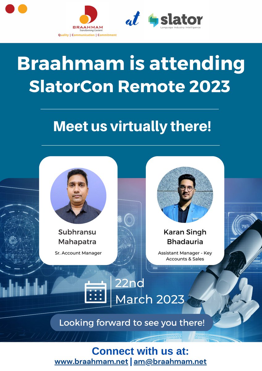 Braahmam's tweet image. @Braahmam  is excited to share that we will be attending SlatorCon Remote on March 22nd, 2023.
Join us virtually there!
#SlatorCon #languageservices #gamelocalization #media #automaticdubbing #ChatGPT #GPT #AI #MT #TMS #B2BSW #LSPs #CEO
#nlp #machinetranslation