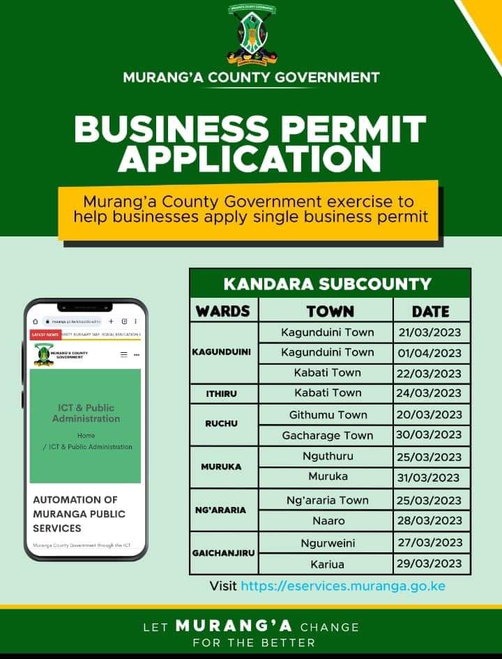 MurangaGovt_021's tweet photo. We are COMING TO HELP YOU Apply and Pay for Your Single Business Permit License in Murang’a County ONLINE.
CREATE AN ACCOUNT, APPLY and PAY for Your #SingleBusinessPermit License by Visiting👉https://t.co/OP2PhCvpfO
Please Pay before 31st March 2023 to avoid Penalties.
#Muranga https://t.co/Y7jOJ27KwX
