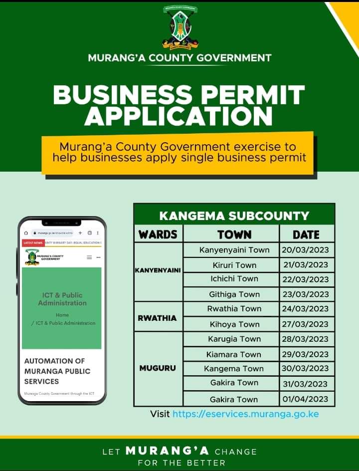 MurangaGovt_021's tweet photo. We are COMING TO HELP YOU Apply and Pay for Your Single Business Permit License in Murang’a County ONLINE.
CREATE AN ACCOUNT, APPLY and PAY for Your #SingleBusinessPermit License by Visiting👉https://t.co/OP2PhCvpfO
Please Pay before 31st March 2023 to avoid Penalties.
#Muranga https://t.co/Y7jOJ27KwX