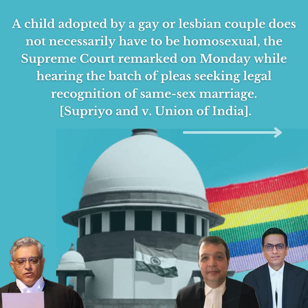 AILF_2020's tweet photo. A child adopted by a gay or lesbian couple does not necessarily have to be homosexual, the Supreme Court remarked on Monday while hearing the batch of pleas seeking legal recognition of same-sex marriage. [Supriyo and v. Union of India].👩🏻‍⚖️
#law #lawstudent #lawschool #lawyers https://t.co/0VmNxHyYJB