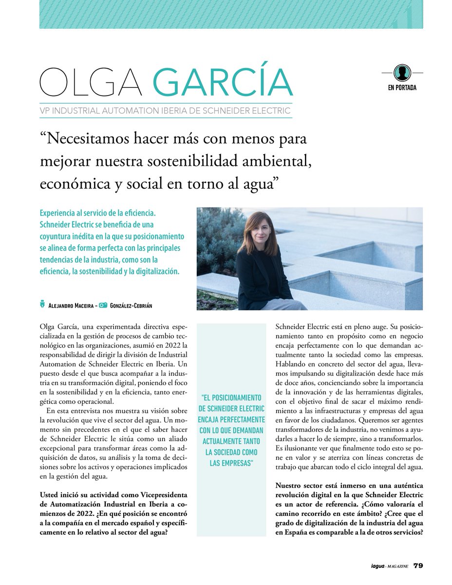 iAgua's tweet image. 👩 Olga García, VP Industrial Automation Iberia de @SchneiderES, nos cuenta en la entrevista de portada de #iAguaMagazine43, cómo la compañía se alinea con las tendencias de la industria: #eficiencia, #sostenibilidad y #digitalización.
iagua.es/noticias/schne…