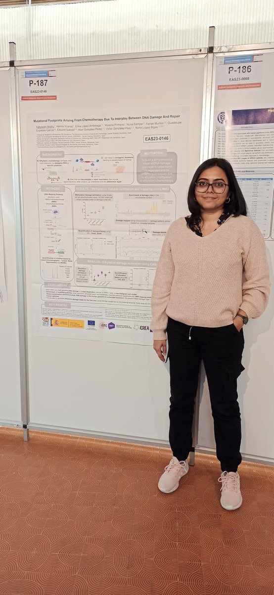 bbglab's tweet photo. Good representation of the Lab at #EASImmuneResponses Conference this week. 

1⃣ Katyayani Anshu with her poster
2⃣  Erika López-Arribillaga presenting at Poster Spotlight
3⃣ And later today Nuria López-Bigas will give a talk on "Mutational Signatures of Cancer Treatments" https://t.co/3xKkijg7lx