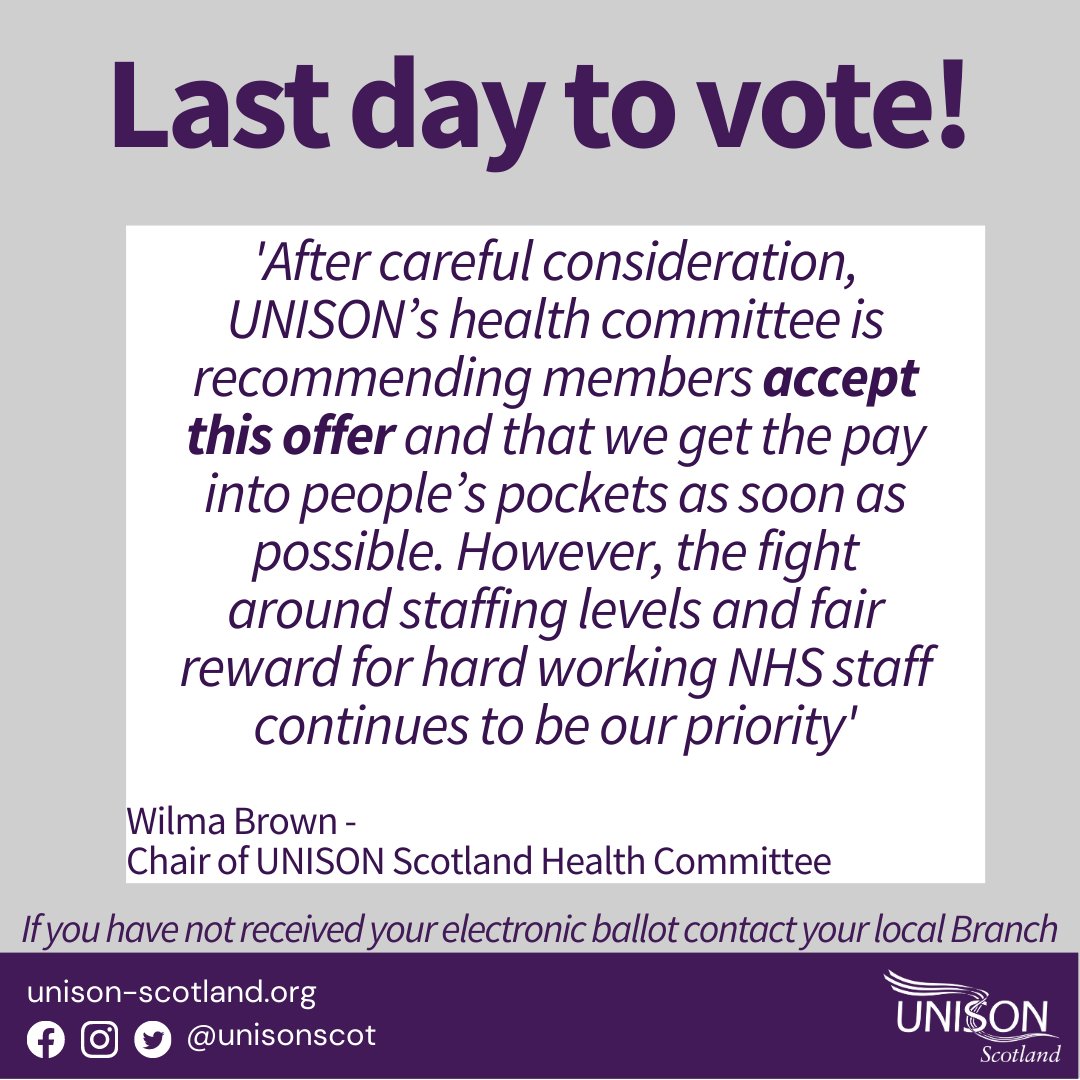GrampianHealthBranch (@unison_ghb) on Twitter photo ATTENTION ALL MEMBERS 👋
The pay ballot closes today 17th March so, you have until 12 noon to submit your vote. Make sure your voice is heard. If you have not received your email to vote please contact us at: GrampianResourceCentre@unison.co.uk or call 01224 620624. ATTENTION ALL MEMBERS 👋
The pay ballot closes today 17th March so, you have until 12 noon to submit your vote. Make sure your voice is heard. If you have not received your email to vote please contact us at: GrampianResourceCentre@unison.co.uk or call 01224 620624.