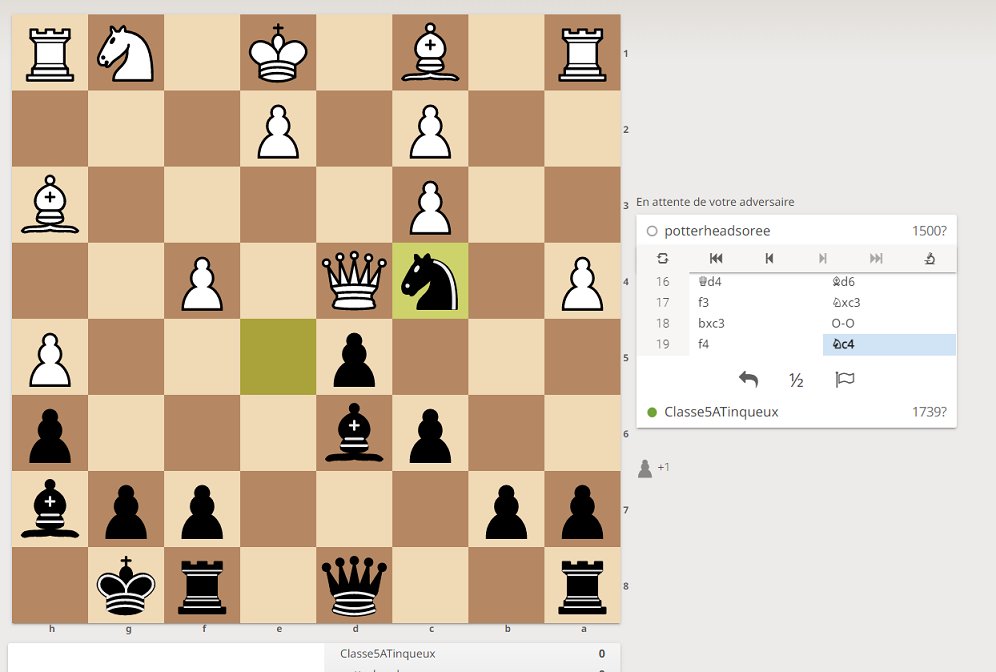 Bonjour <a href="/potterheadsoree/">Catherine Chotard</a> 
Nous bougeons notre cavalier en c4.
Bon weekend ! et bonne fête de Saint Patrick !
#Quotichess