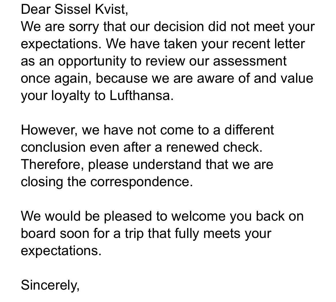sissel_kvist's tweet photo. In September my husband and I were on the same flight. We got delayed and missed our connection. We both filed for compensation under the EU rules. He got it, but mine was declined, even when I pointed out that our cases are identical. How do you explain that @Lufthansa_DE ? https://t.co/BbNH5nC68T