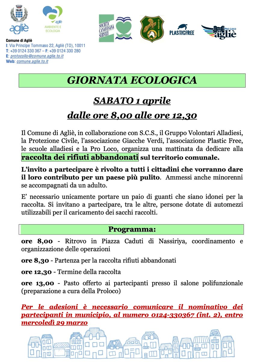 ♻️ GIORNATA ECOLOGICA - 1 APRILE | RENDI IL PAESE PIÙ PULITO 💚 

Unisciti alla mattinata del 1º Aprile per la #GiornataEcologica ad #Agliè.

Sono benvenuti anche i bambini, purché accompagnati da un adulto.

#Ecologia #Rifiuti