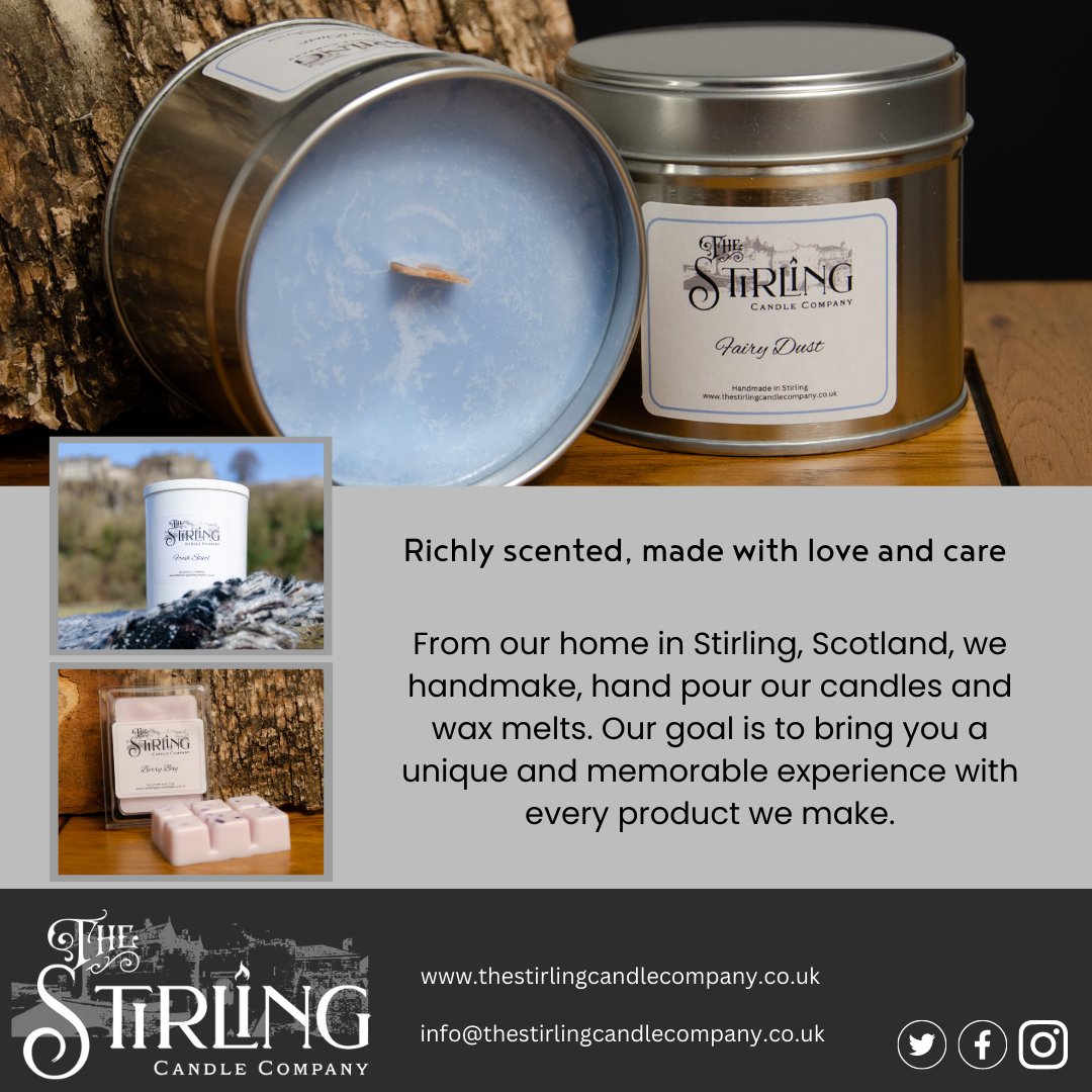 We are thrilled to announce the launch of our family business, The Stirling Candle Company!
 
Online shop is now open.
thestirlingcandlecompany.co.uk

Follow us for updates on new scents and promotions! 

#TheStirlingCandleCompany #ArtisanCandles #mhhsbd #UKMakers