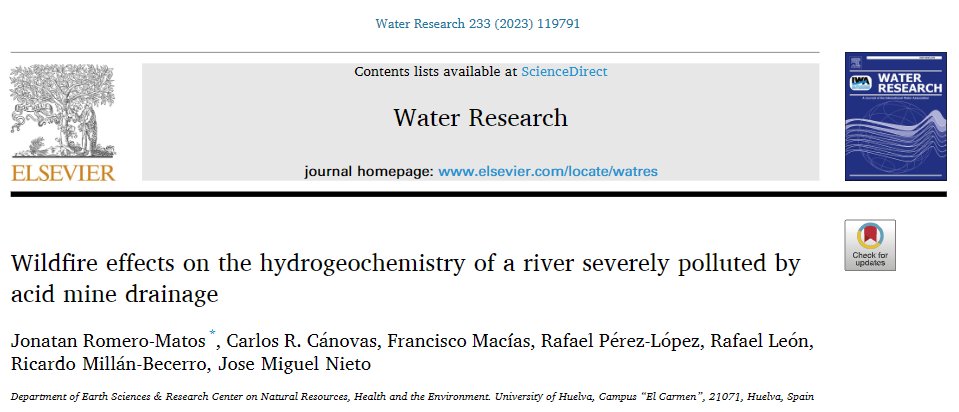Happy to share my first full paper on “Wildfire effects on the hydrogeochemistry of a river severely polluted by acid mine drainage” just published in #WaterResearch journal with OpenAccess. Research developed in @GeoEnviUHU doi.org/10.1016/j.watr…