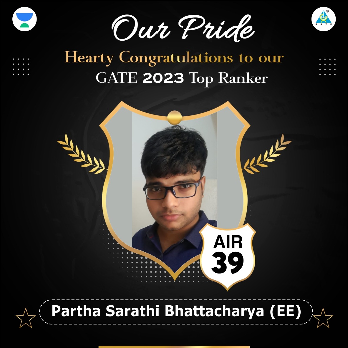 gate_academy's tweet image. Hearty Congratulations to our Top Ranker, Partha Sarathi Bhattacharya for securing 🏆AIR-39 (EE)🏆 in GATE 2023. We wish you All the Best in your future endeavour. 🎉👏✌️