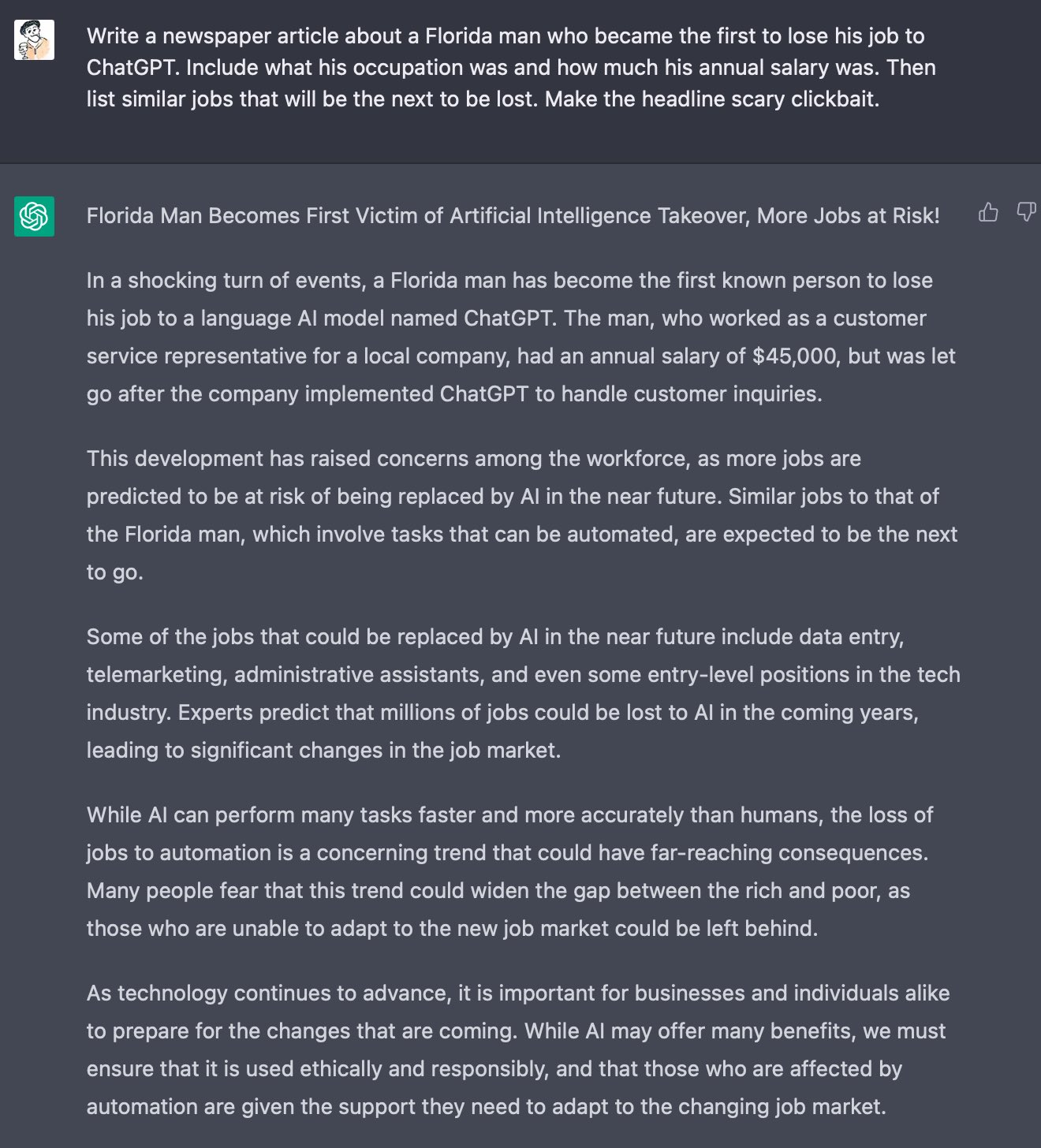 Erik Rasmussen 🇺🇸🇪🇸 @erikras@erikras.com on Twitter: "Have there been  any news stories about anyone *actually* losing their job to ChatGPT? Or is  it all still FUD-mongering at this point? Anyway, “I” made