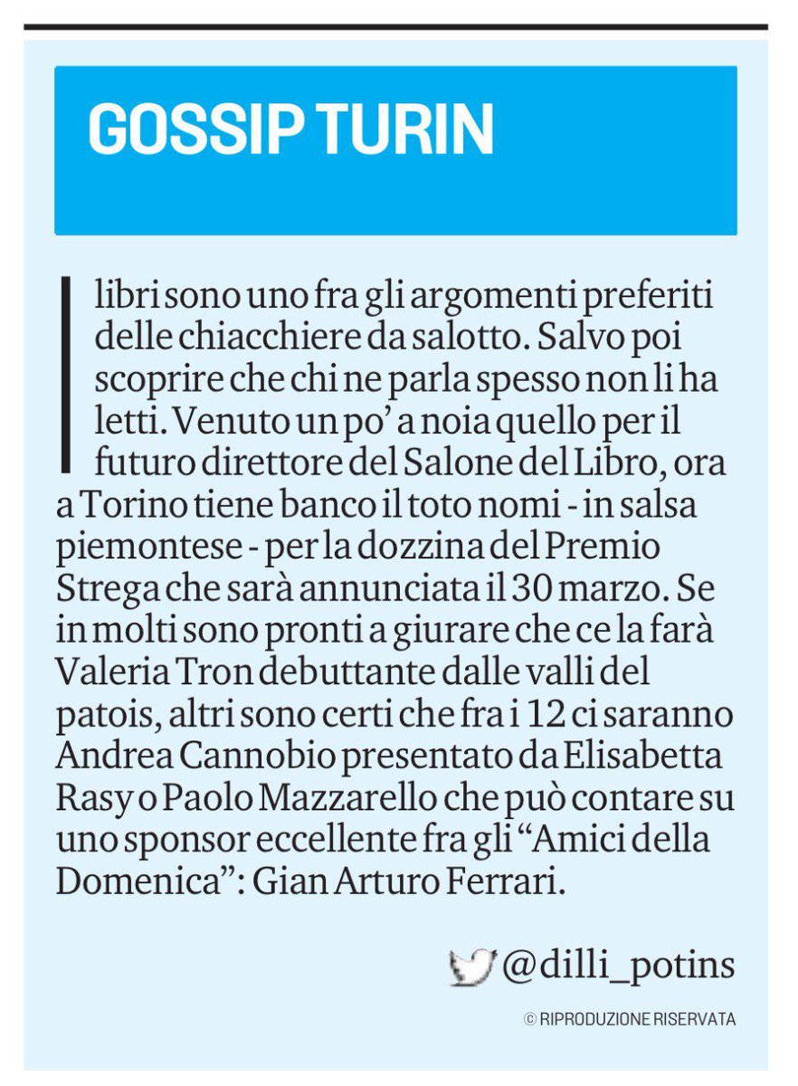 ... in salotto non si parla più di <a href="/SalonedelLibro/">Salone Libro Torino</a> ma di <a href="/PremioStrega/">PremioStrega</a> 
#gossipturin è in edicola su <a href="/LaStampa/">La Stampa</a> <a href="/TorinoSette/">Torino Sette</a>