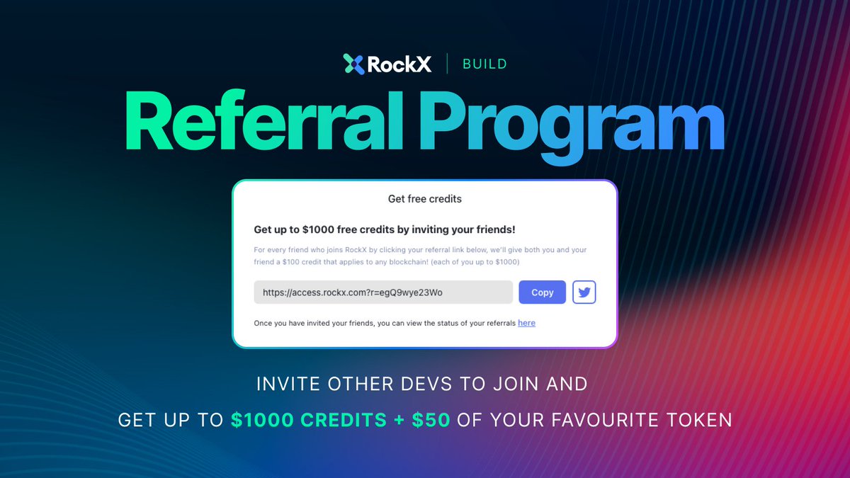 Join our referral program for the Access Node portal and win $50 of your favourite token!
1⃣ Share your invite on Twitter
2⃣ Make a successful referral
3⃣ Use the voucher to subscribe to a plan
4⃣ Fill out the form to qualify bit.ly/3FoPIUx

🎁8 lucky devs will be picked