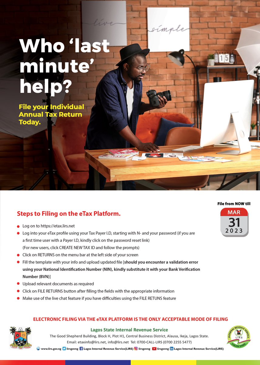 Remember all individuals (business owners and employees) are obliged to log on to etax.lirs.net to file their annual tax returns.

Filing of Individual Annual Tax Returns ends on the 31st of March , 2023
Visit etax.lirs.net on or before the due date.