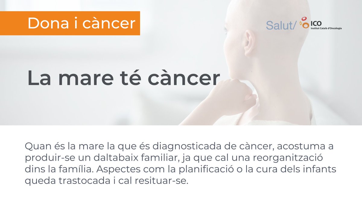 Quan la persona diagnosticada de #càncer és la #mare, hi ha canvis dins la família i els rols familiars poden quedar alterats. ​
És un moment de gran vulnerabilitat i estrès i cal demanar ajuda i suport i, sobretot, no mantenir els fills al marge.​
#DonaiCàncer