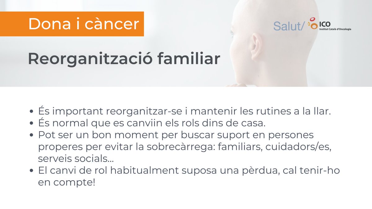 La reorganització familiar també és necessària, buscant suport de persones properes que puguin ajudar a mantenir les rutines a la llar, sobretot quan hi ha infants.
#DonaiCàncer