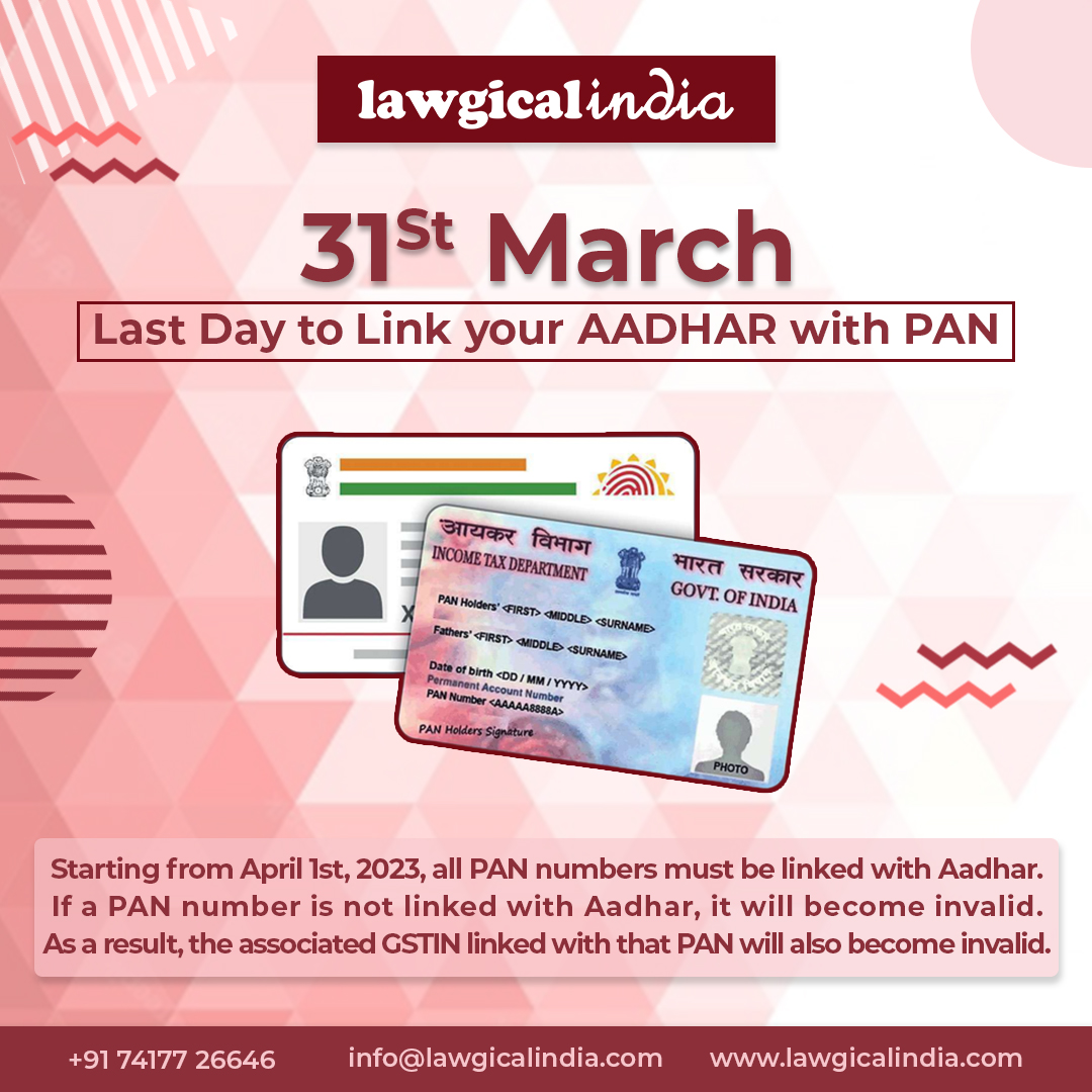 PAN-Aadhar linking becomes mandatory from April 1st, 2023. Ensure your compliance to avoid invalidation of your PAN and associated GSTIN.

#pan #PanCard #Aadhar #AadharCardLink #AadharLinking #PanCardLink #GSTIN #legalservices #lawgicalindia #government #indiangovernment #latest