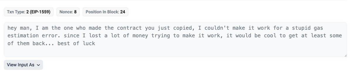 Good works 👍 @BlockSecTeam successfully blocked an attack to rescue 2,906 ETH. etherscan.io/tx/0xe3f0d14cf… Then the attacker left a message: etherscan.io/tx/0x8eb65ef10…