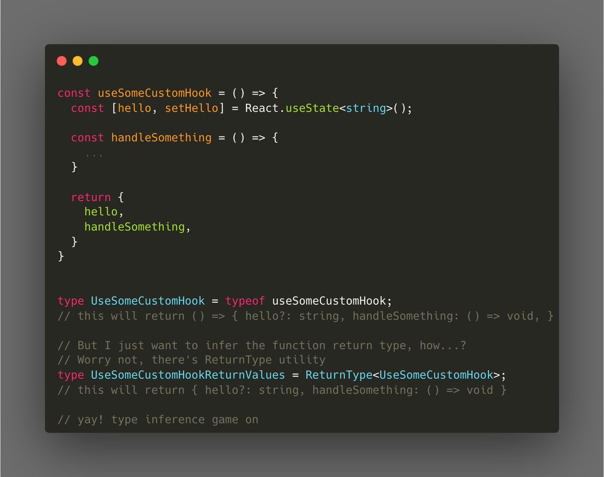 agstnsnathaniel's tweet image. 💡 [TypeScript Tip] 
Wanna infer return type of a function? ReturnType utility to the rescue!

#TeamTypeInference #TypeScript #TypeScriptTip 🙌🙌
