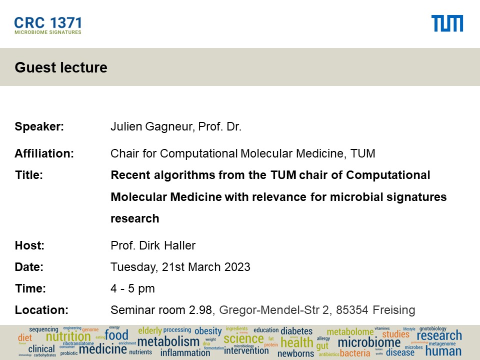 Microbiome Signatures (@crc1371) on Twitter photo We look forward to our guest Prof. Dr. Julien Gagneur from <a href="/gagneurlab/">gagneurlab</a> at the #CRC1371 #IRTG lecture series on March 21st at #TUM in #Freising:
"Recent algorithms from the TUM chair of Computational Molecular Medicine with relevance for microbial signatures research " Welcome all We look forward to our guest Prof. Dr. Julien Gagneur from <a href="/gagneurlab/">gagneurlab</a> at the #CRC1371 #IRTG lecture series on March 21st at #TUM in #Freising:
"Recent algorithms from the TUM chair of Computational Molecular Medicine with relevance for microbial signatures research " Welcome all