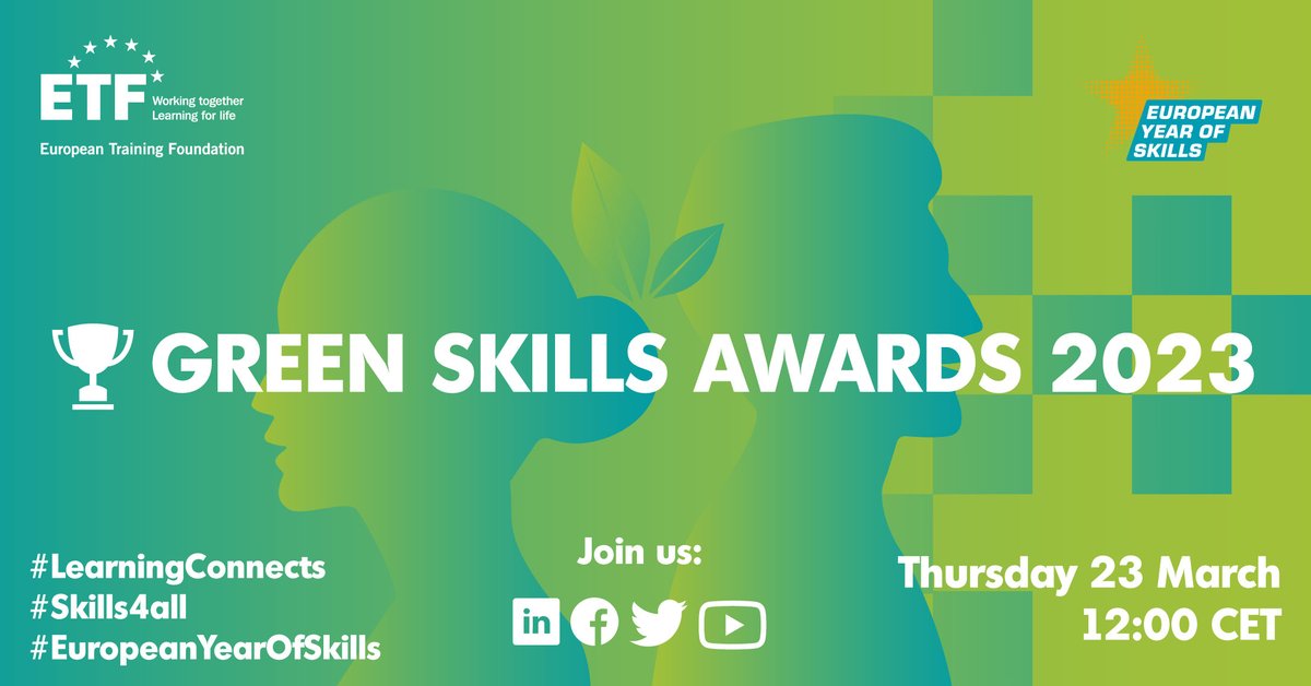 ⭐️The ETF Green Skills Award is back⭐️
✅ Join us LIVE on 23 March at 12.00 CET to learn more:
➡️ Facebook: fb.me/e/Iq0UIQpd
➡️ LinkedIN: linkedin.com/video/event/ur… 
➡️ Youtube: youtube.com/live/GefxKJz4u…
#EuropeanYearofSkills #skills4change