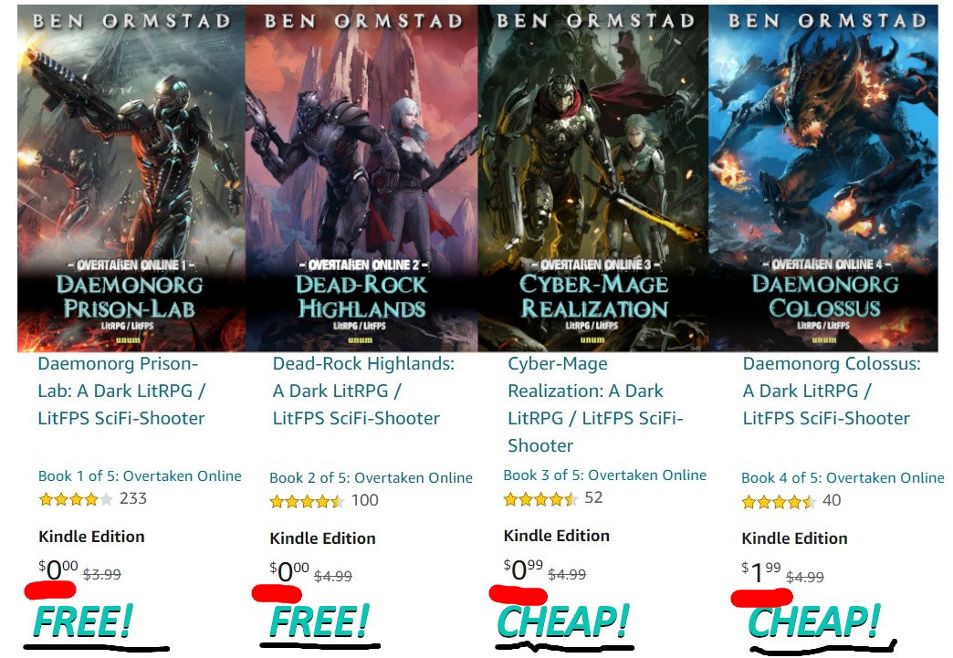 BenOrmstad's tweet photo. FREE #LitRPG / #LitFPS BOOKS 🔥
Overtaken Online 1 &amp; 2 are free this week, and 3 &amp; 4 are discounted 😁
Get 'em here: 
https://t.co/GpBRM9cQH6 https://t.co/NcVw4nGVdc