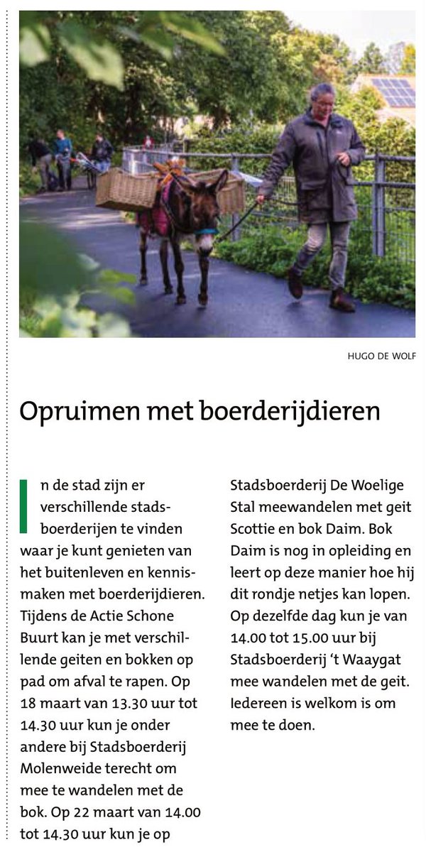 DeNijkamphoeve's tweet photo. In de #Stadskrant van deze maand foto's van onze ezel Maaike met een van onze vrijwilligers. Dat ook De Nijkamphoeve een uitgiftepunt bij de actie #schonebuurt is, staat er niet bij. Morgen start de actie. Doe mee! https://t.co/TYYJmcEvPR https://t.co/vQ1fIoDvdu